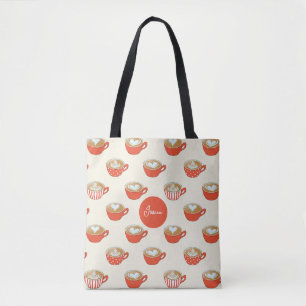 Cute Latte Art in Red Coffee Mugs Pattern Tote Bag
