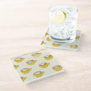 Cute Latte Art in Yellow Coffee Mugs Pattern Glass Coaster