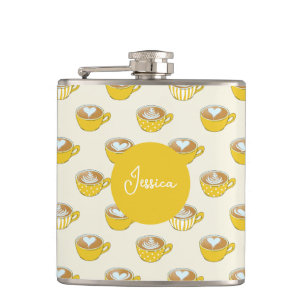 Cute Latte Art in Yellow Coffee Mugs Pattern Hip Flask