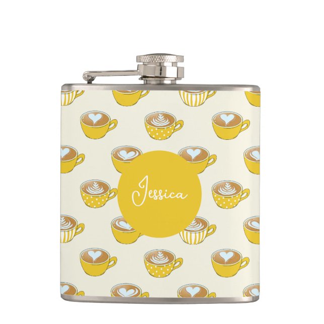 Cute Latte Art in Yellow Coffee Mugs Pattern Hip Flask (Front)