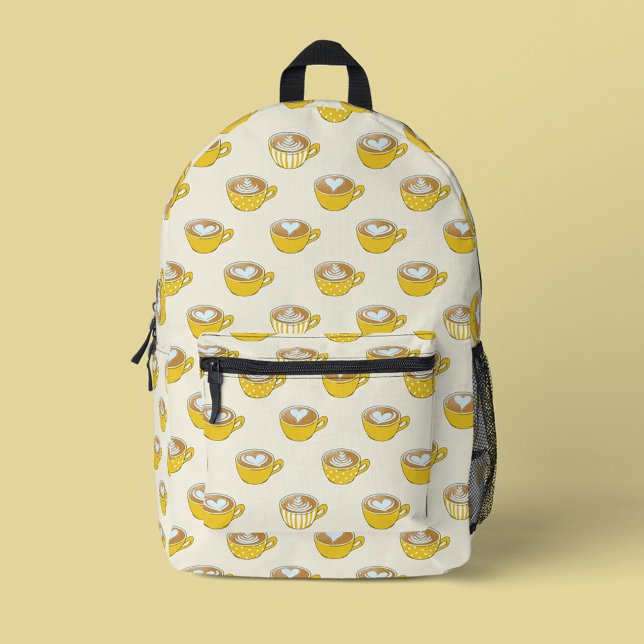 Cute Latte Art in Yellow Coffee Mugs Pattern Printed Backpack (Yellow Latte Art Pattern Backpack)