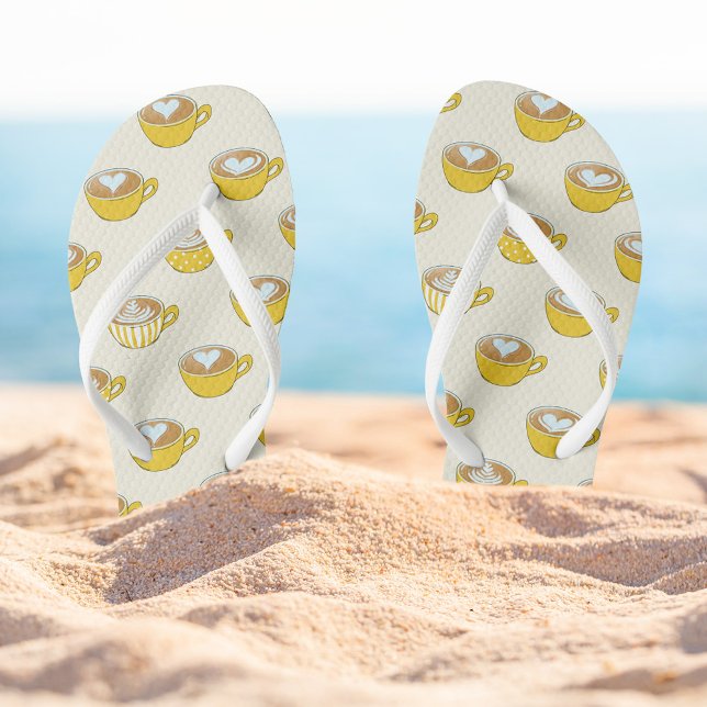 Cute Latte Art in Yellow Coffee Mugs Pattern Thongs (Yellow Latte Art Flip Flops)