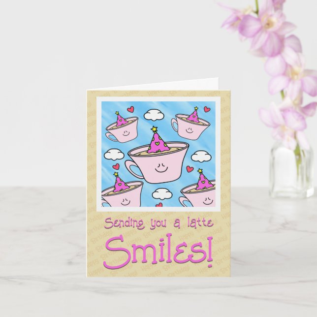 Cute Latte Smiles Coffee Lover Happy Birthday  Card (Orchid)