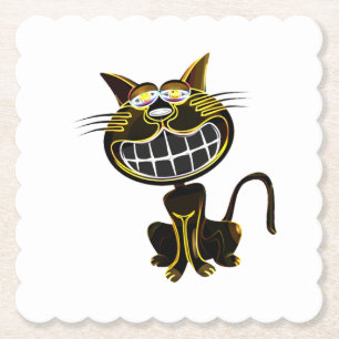 CUTE LAUGHING BLACK AND BRIGHT YELLOW CAT PAPER COASTER