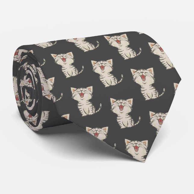 Cute Laughing Cat On Grey Tie (Rolled)