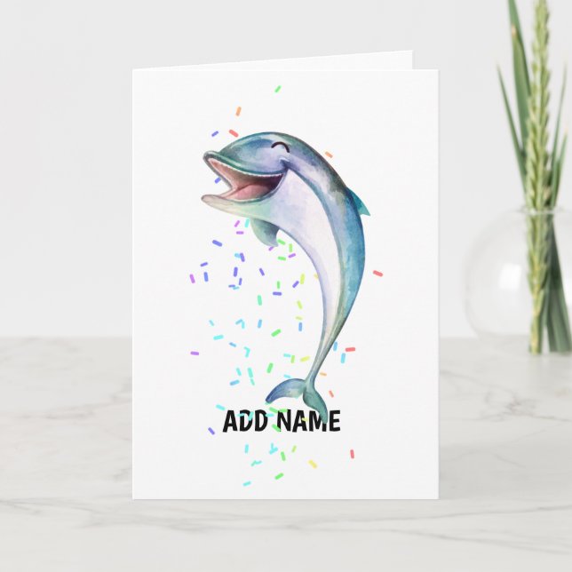 Cute Laughing DOLPHIN Watercolor Add Name Card (Front)