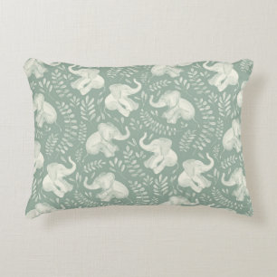 Cute Laughing Elephants in Cream and Sage Green Decorative Cushion