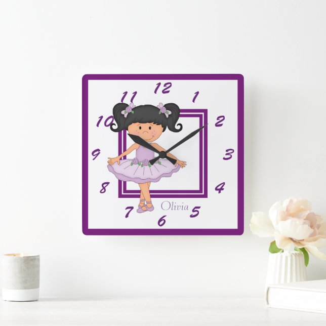 Cute Lavender Ballerina Personalised Square Wall Clock (Home)