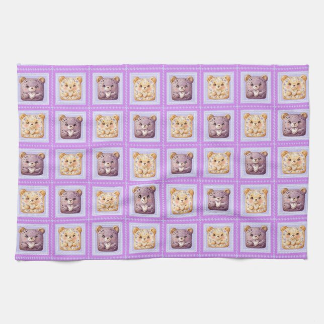 Cute Lavender Blueberry Patchwork cookie Bear Tea Towel (Horizontal)