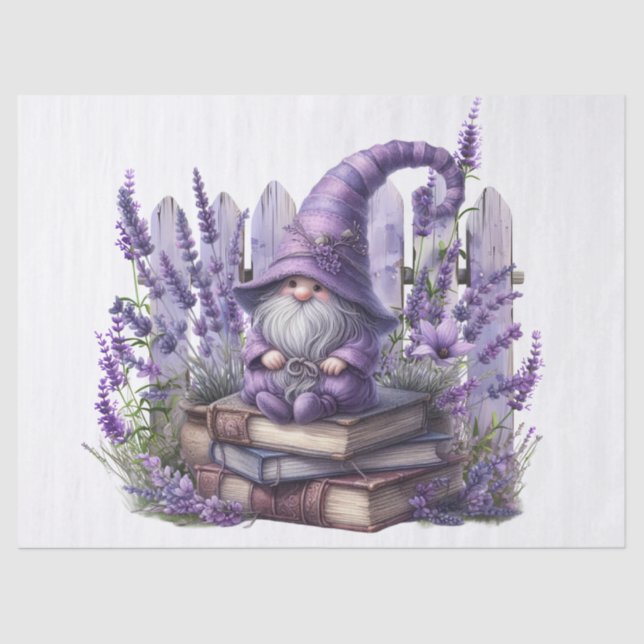 Cute Lavender Floral Book Gnome Tissue Paper (Front)