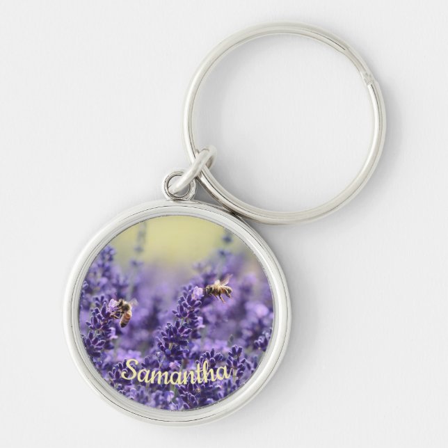 Cute Lavender Flowers Bees With Name Key Ring (Front)