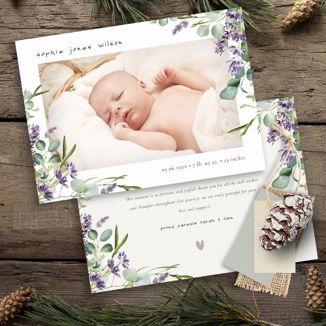 Cute Lavender Foliage Photo Birth Announcement (Creator Uploaded)