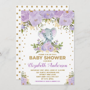 Cute Lavender Gold Floral Elephant Baby Shower Invitation