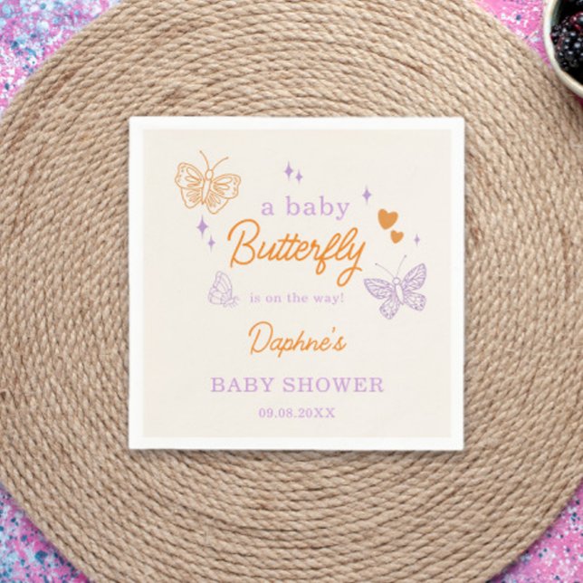 Cute Lavender & Orange Butterfly Baby Shower Napkin (Creator Uploaded)