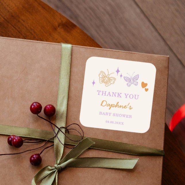 Cute Lavender & Orange Butterfly Baby Shower Square Sticker (Creator Uploaded)