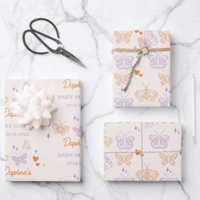 Cute Lavender & Orange Butterfly Baby Shower Wrapping Paper Sheet (Front)