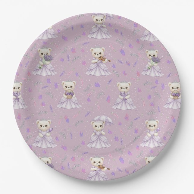 Cute Lavender Princess Bear Pattern Paper Plate (Front)