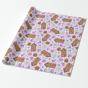 Cute Lavender Purple Halloween Haunted House Art Wrapping Paper