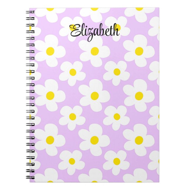 Cute lavender retro daisies girly journalling notebook (Front)