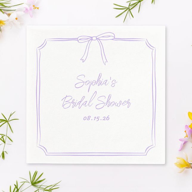 Cute Lavender Simple Girly Bow Bridal Shower Napkin (Add a soft, elegant touch to your bridal shower with these customizable lavender napkins.)
