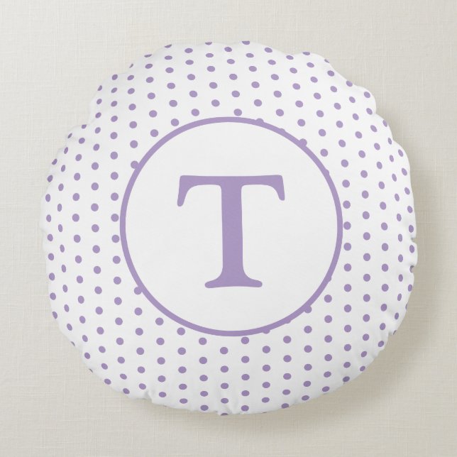 Cute Lavender & White Polka-Dot Round Pillow (Front)