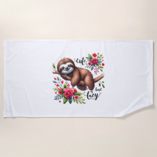 Cute Lazy Sloth Flowers Beach Towel
