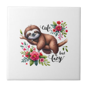 Cute Lazy Sloth Flowers Ceramic Tile