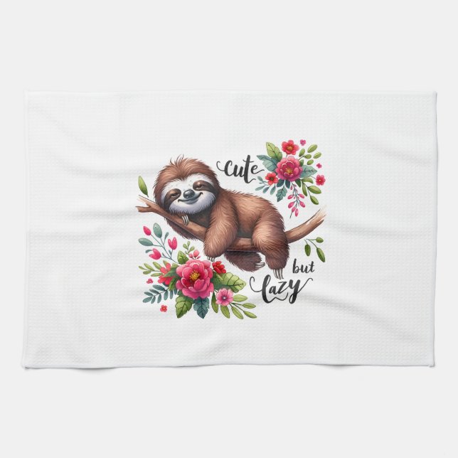 Cute Lazy Sloth Flowers Tea Towel (Horizontal)