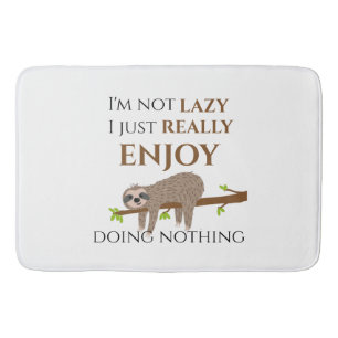 Cute Lazy Sloth Hanging on Tree Funny Text Bath Mat