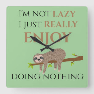 Cute Lazy Sloth Hanging on Tree Funny Text Square Wall Clock