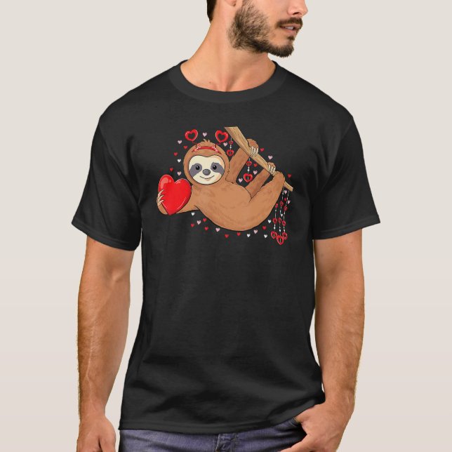 Cute lazy sloth holding heart love sloth valentine T-Shirt (Front)