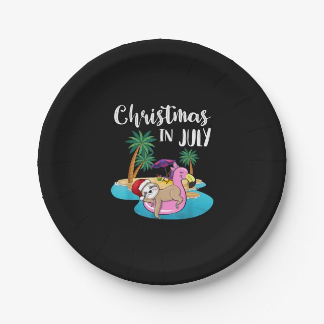Cute Lazy Sloth On Flamingo Float Christmas Paper Plate (Front)