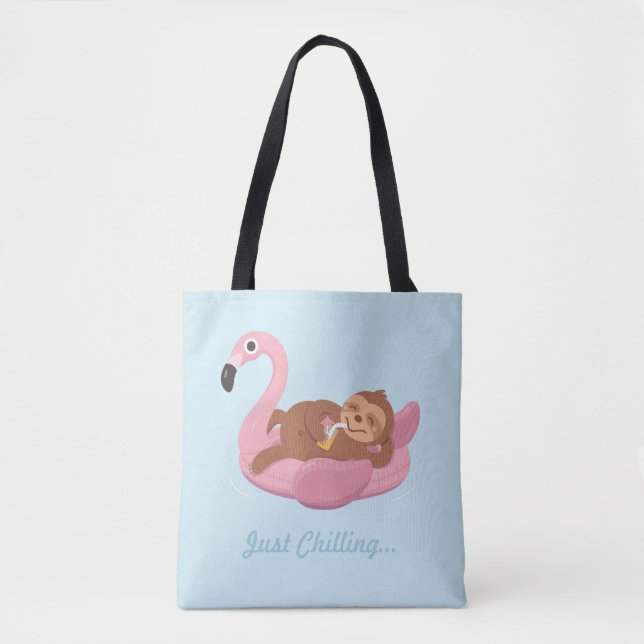 Cute Lazy Sloth On Pink Flamingo Float Summer Tote (Front)