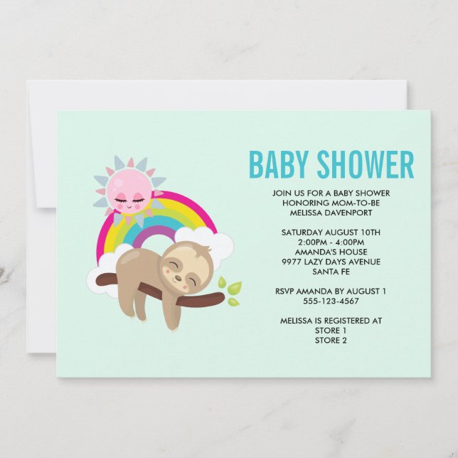 Cute Lazy Sloth with Sun & Rainbow Baby Shower (Front)