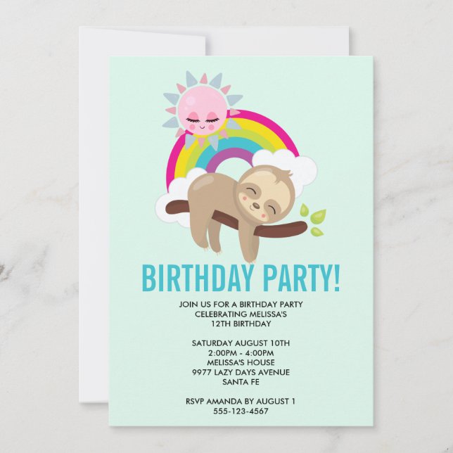 Cute Lazy Sloth with Sun & Rainbow Birthday (Front)