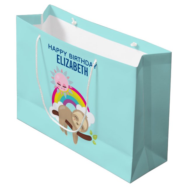 Cute Lazy Sloth with Sun & Rainbow Birthday Large Gift Bag (Front Angled)