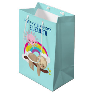 Cute Lazy Sloth with Sun & Rainbow Birthday Medium Gift Bag