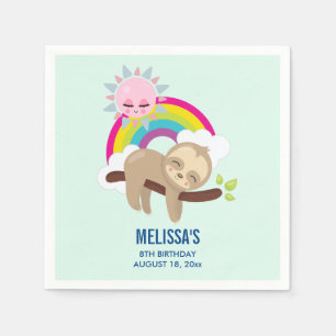 Cute Lazy Sloth with Sun & Rainbow Birthday Napkin