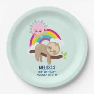 Cute Lazy Sloth with Sun & Rainbow Birthday Paper Plate