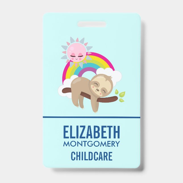 Cute Lazy Sloth with Sun & Rainbow ID Badge (Front)