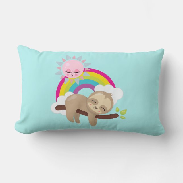 Cute Lazy Sloth with Sun & Rainbow Lumbar Cushion (Front)