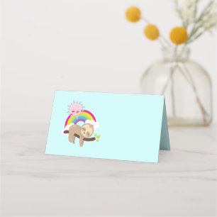 Cute Lazy Sloth with Sun & Rainbow Place Card