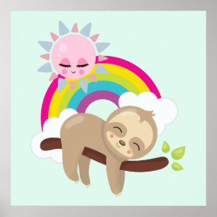 Cute Lazy Sloth with Sun & Rainbow Poster