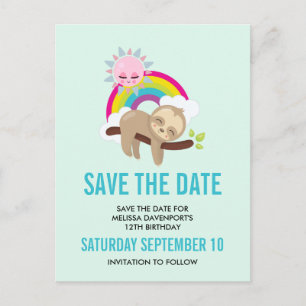 Cute Lazy Sloth with Sun & Rainbow Save the Date Postcard