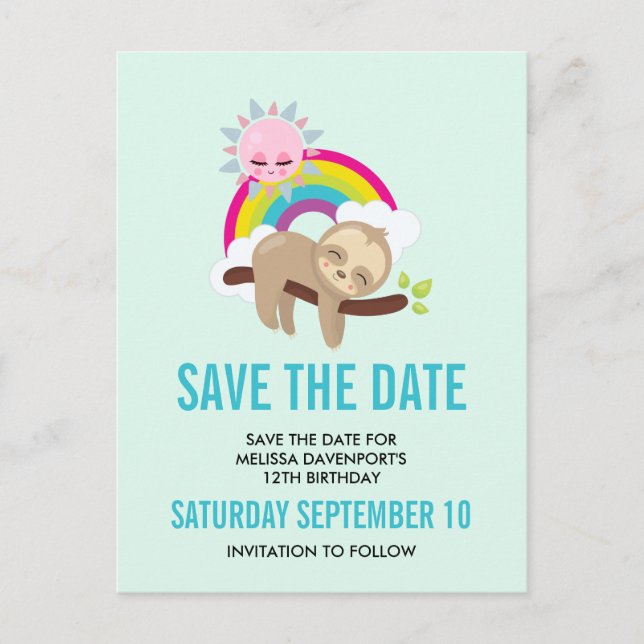 Cute Lazy Sloth with Sun & Rainbow Save the Date Postcard (Front)