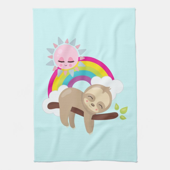 Cute Lazy Sloth with Sun & Rainbow Tea Towel (Vertical)