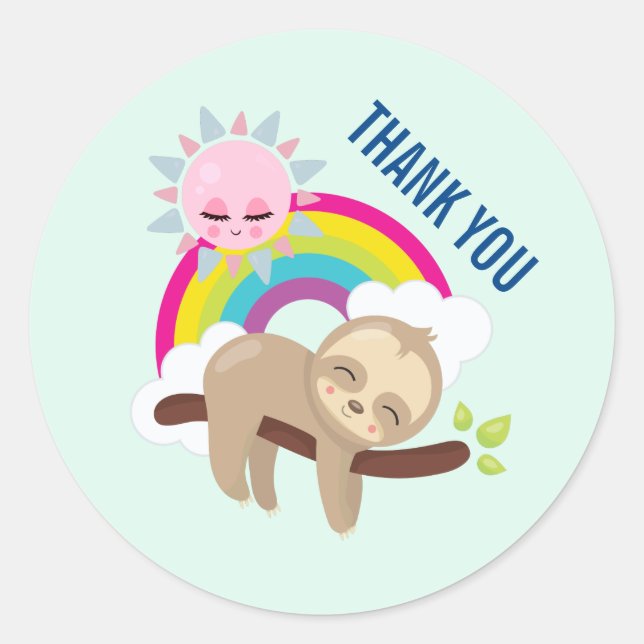 Cute Lazy Sloth with Sun & Rainbow Thank You Classic Round Sticker (Front)