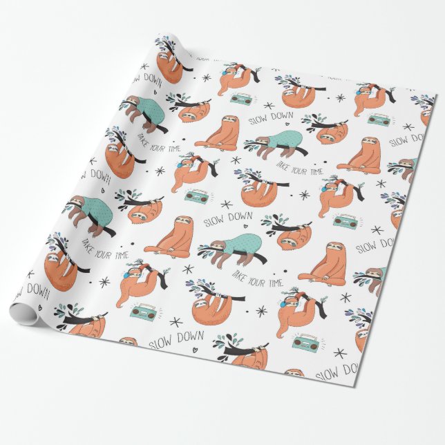 Cute Lazy Sloths Wrapping Paper (Unrolled)