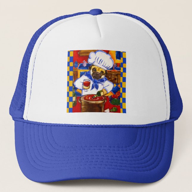Cute Le Cafe Pug Chef Trucker Hat (Front)