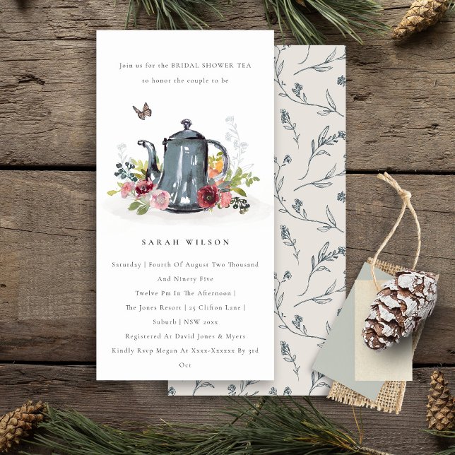 Cute Leaf Rose Floral Teapot Bridal Shower Invite (Creator Uploaded)